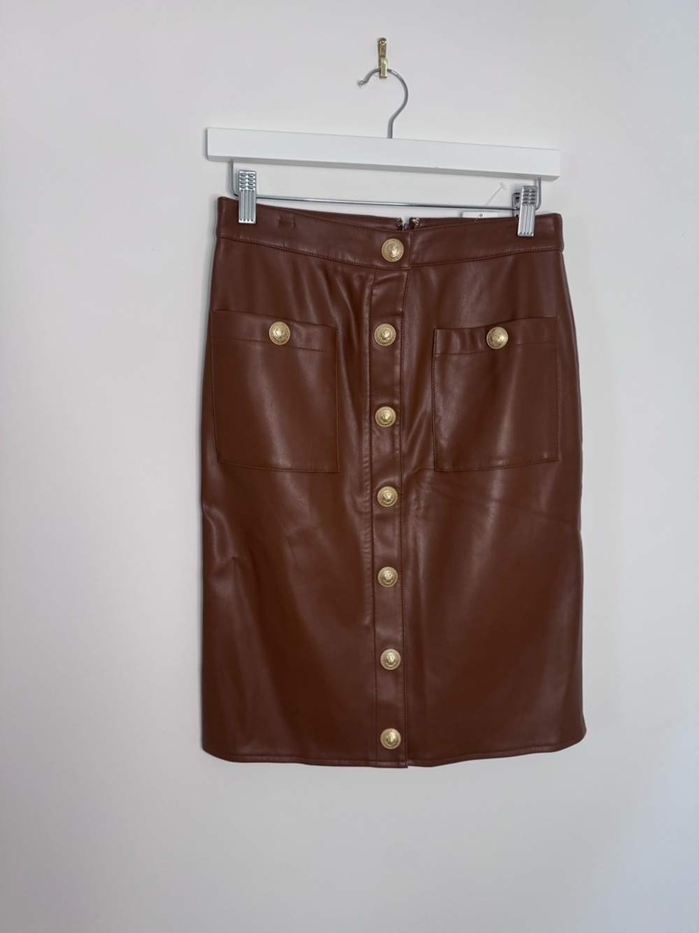 L'AGENCE Brown Faux Leather Button-Front Pencil Skirt